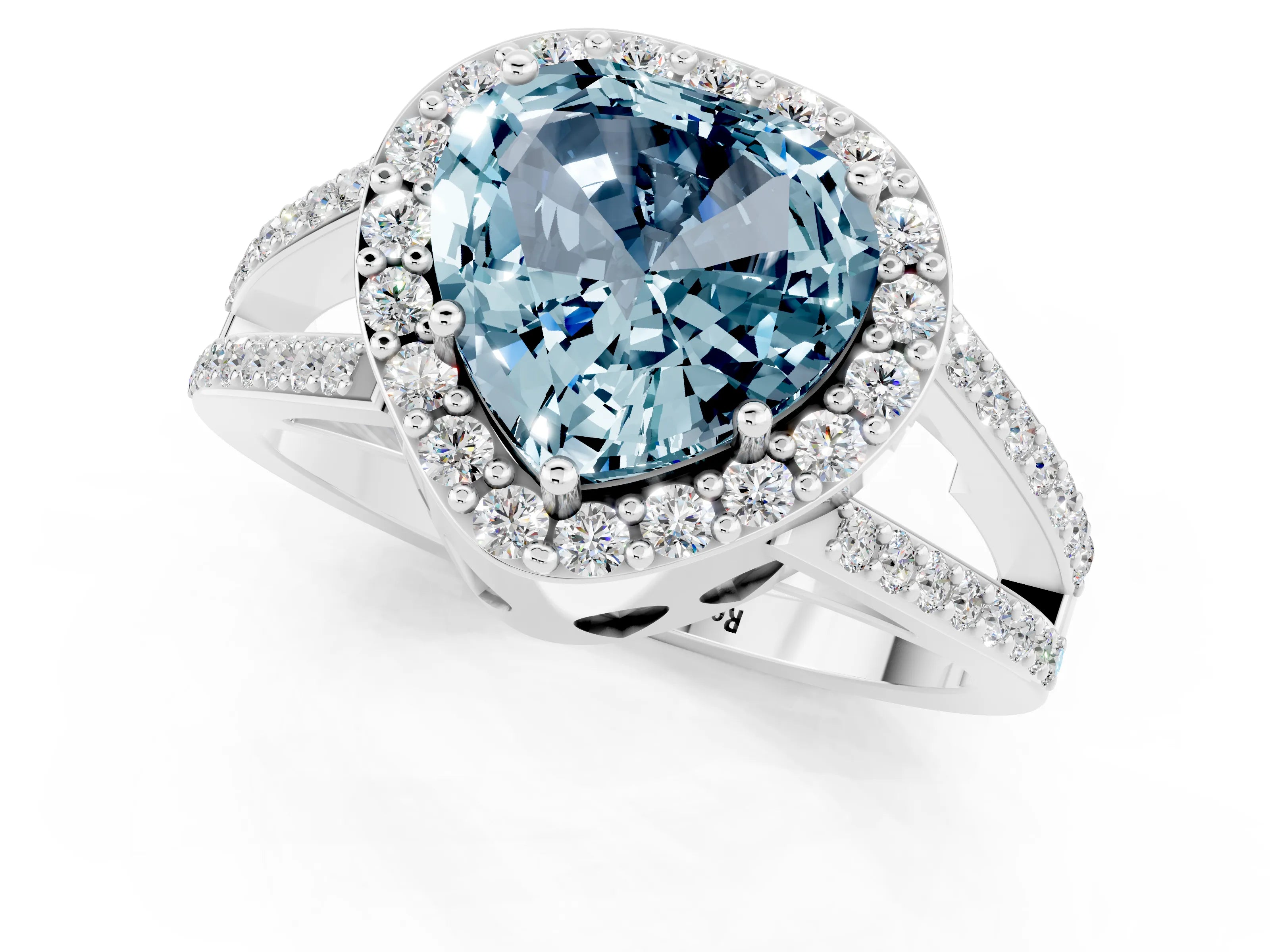 White gold Heart Cut Aquamarine Halo Ring with Split Shank U-Prong Band and Four-Prong Setting_1