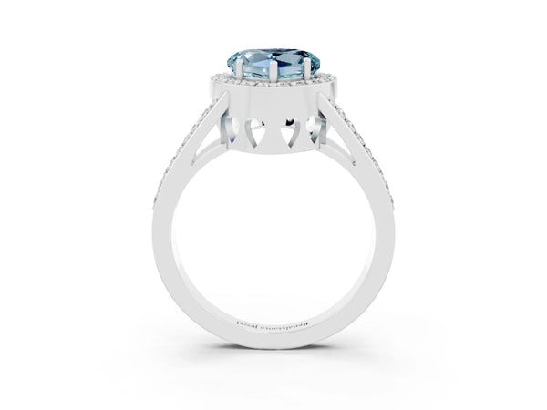 Silver Heart Cut Aquamarine Halo Ring with Split Shank U-Prong Band and Four-Prong Setting