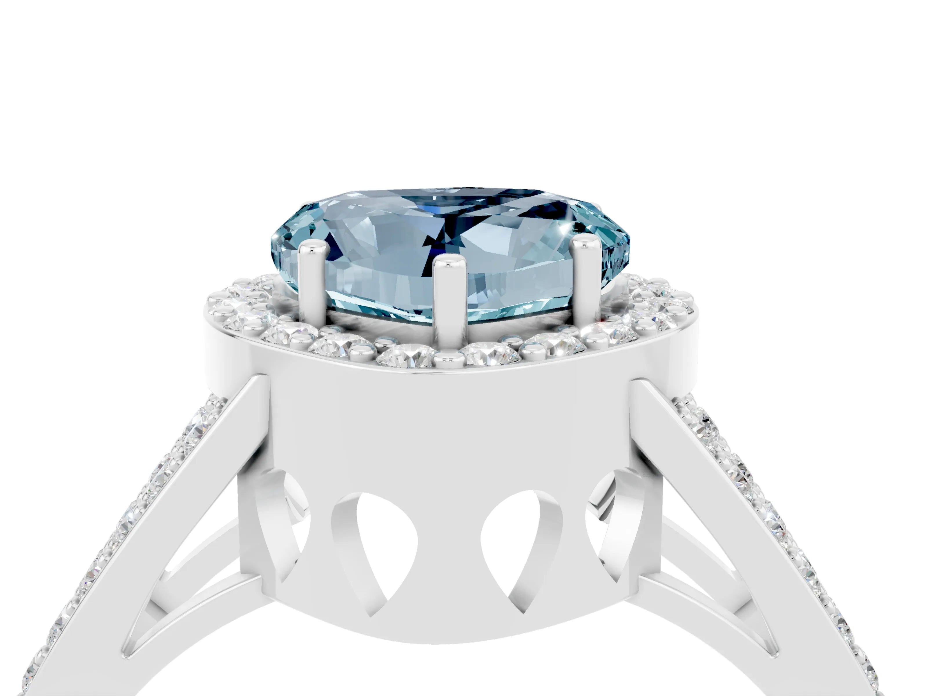 White gold Heart Cut Aquamarine Halo Ring with Split Shank U-Prong Band and Four-Prong Setting_4