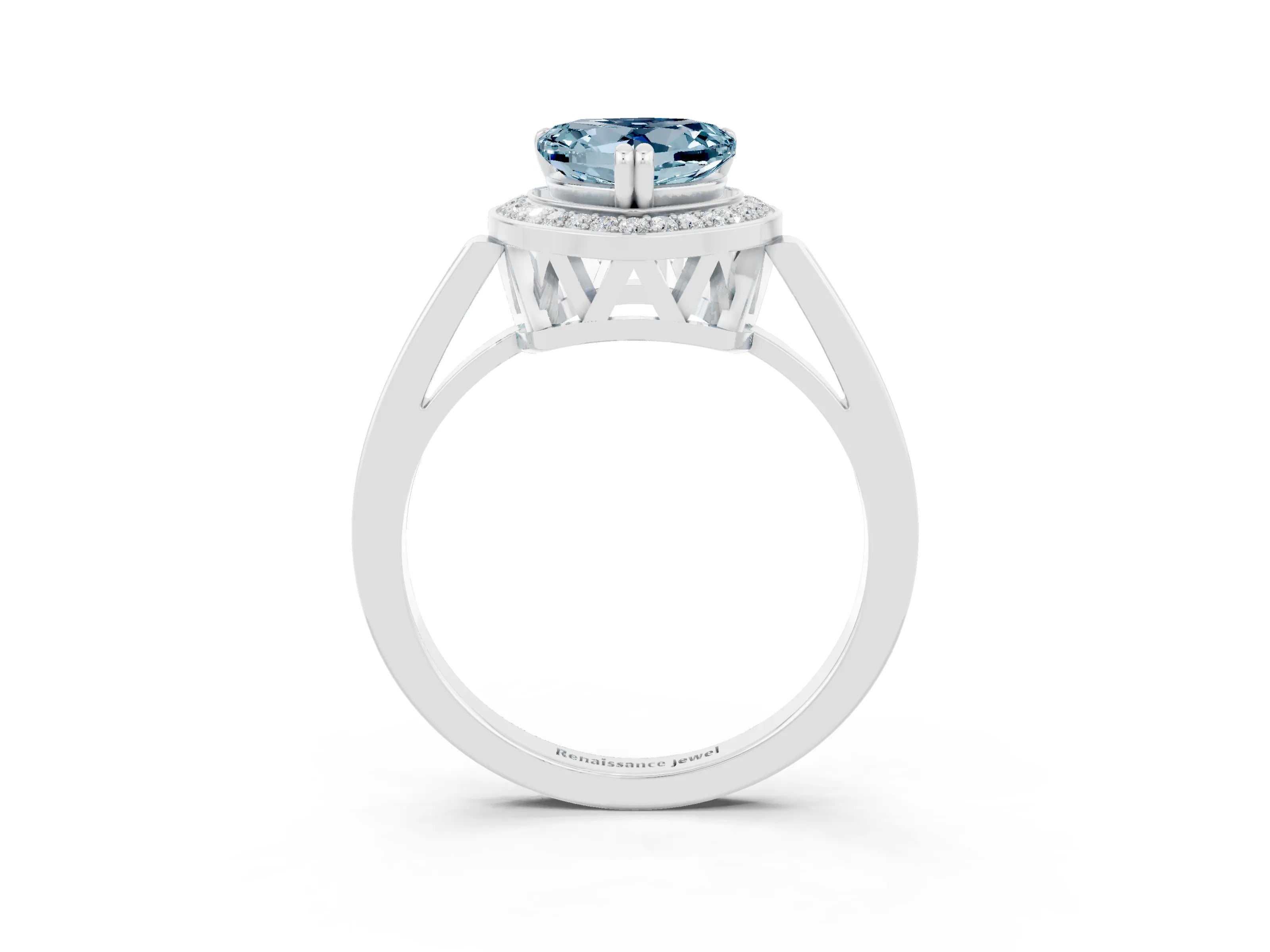 White gold Heart Cut Aquamarine Halo Ring with Split Shank and Four-Prong Setting_13