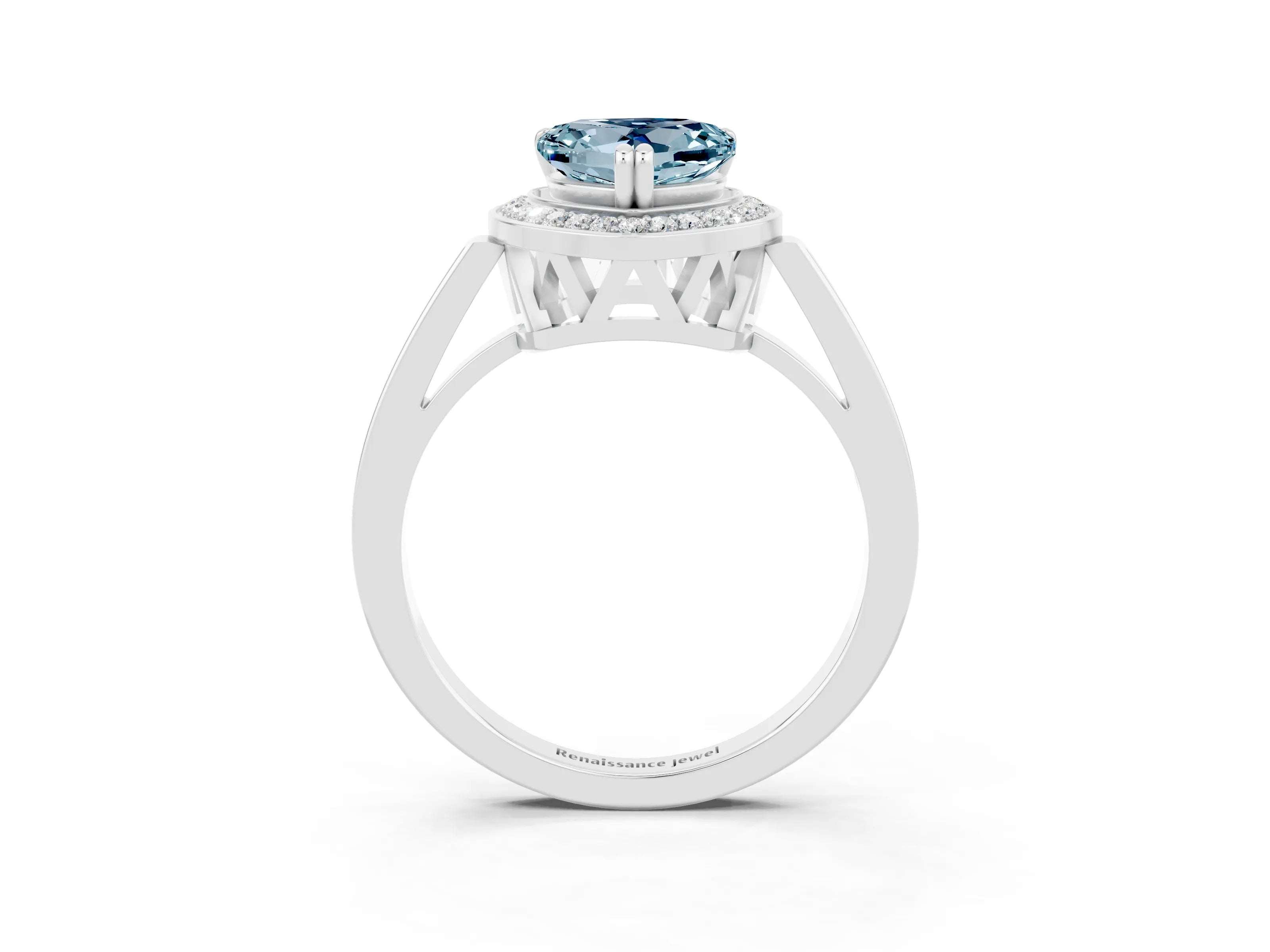 White gold Heart Cut Aquamarine Halo Ring with Split Shank and Four-Prong Setting_15