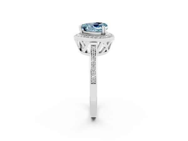 White gold Heart Cut Aquamarine Halo Ring with Split Shank and Four-Prong Setting
