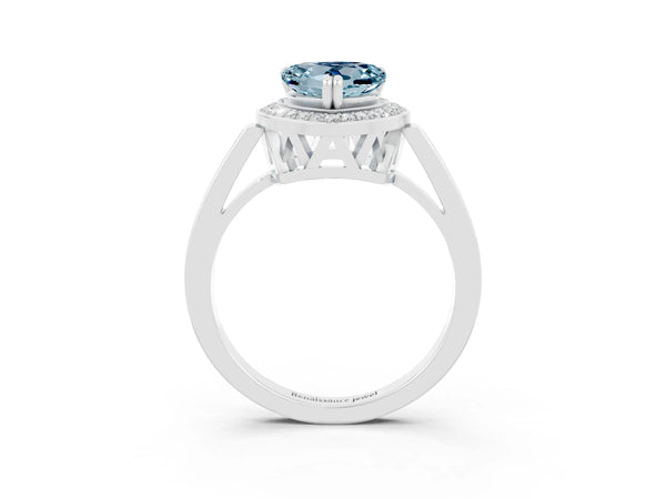 White gold Heart Cut Aquamarine Halo Ring with Split Shank and Four-Prong Setting