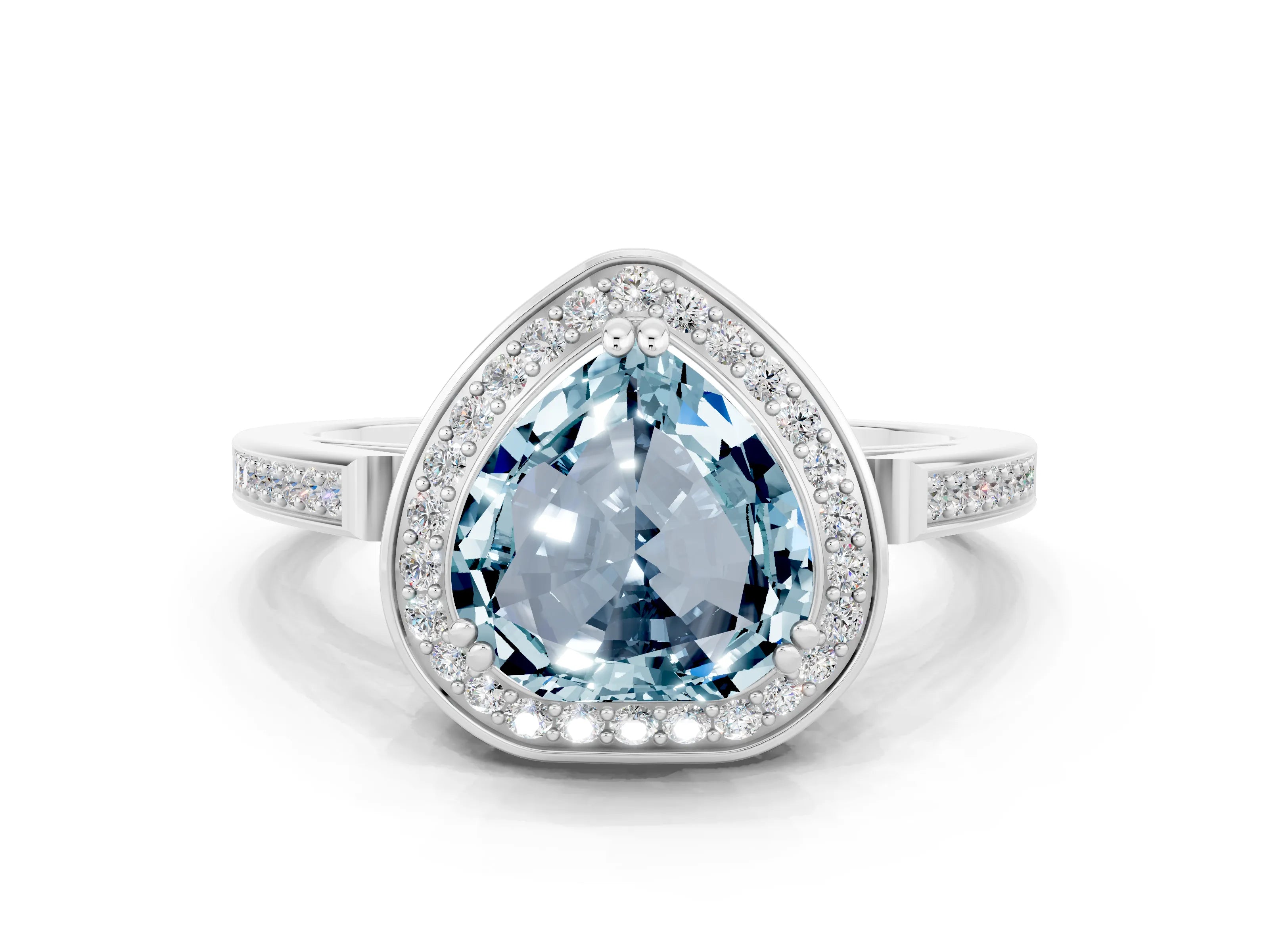 White gold Heart Cut Aquamarine Halo Ring with Split Shank and Four-Prong Setting_24