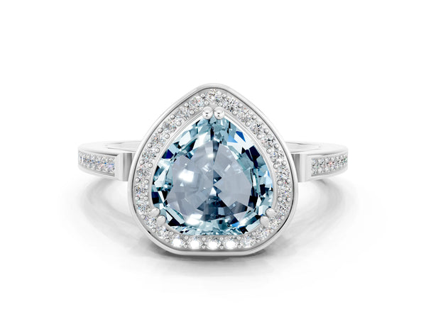 Platinum Heart Cut Aquamarine Halo Ring with Split Shank and Four-Prong Setting