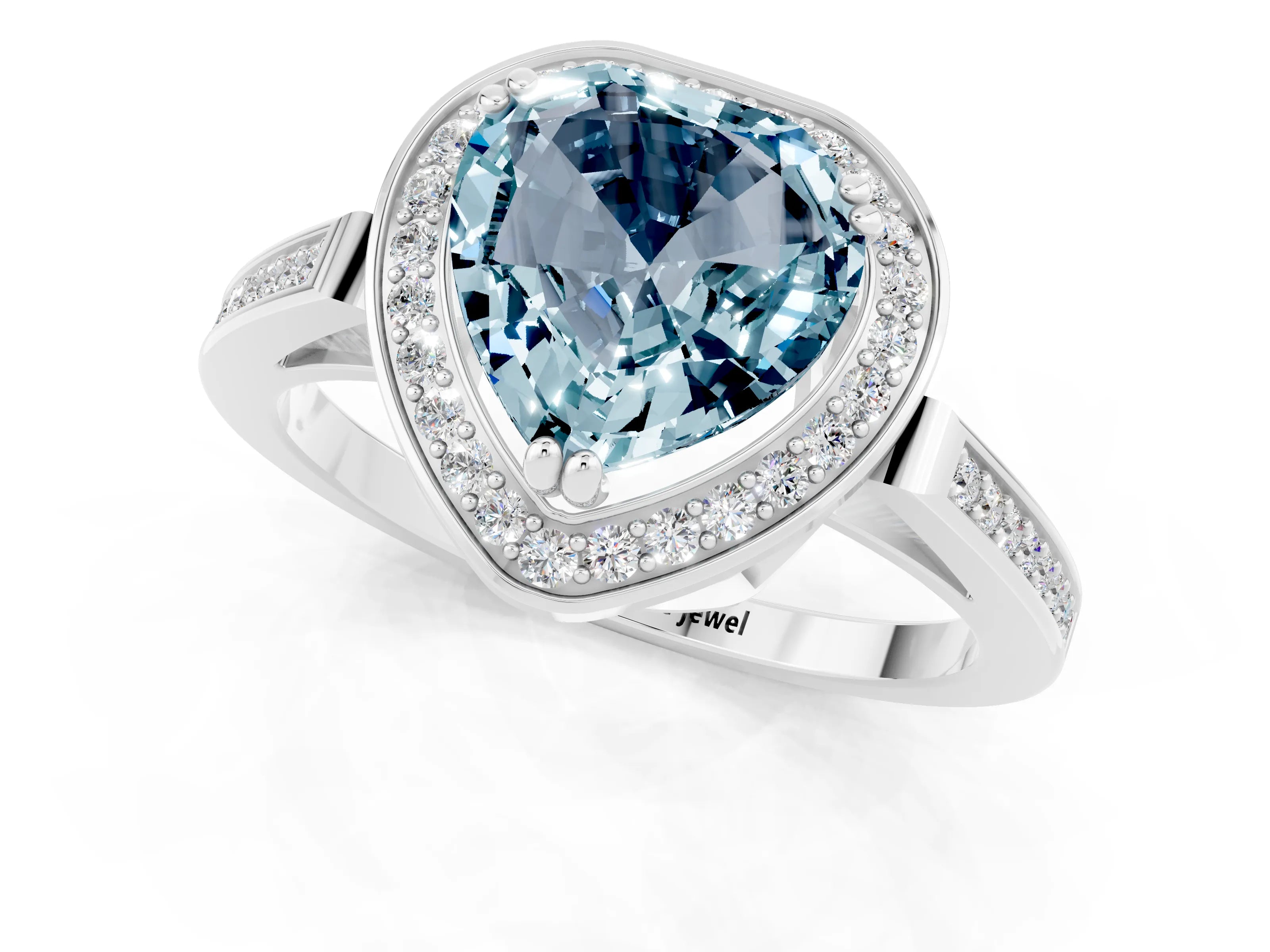 White gold Heart Cut Aquamarine Halo Ring with Split Shank and Four-Prong Setting_25