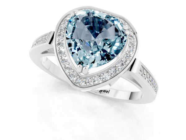 Platinum Heart Cut Aquamarine Halo Ring with Split Shank and Four-Prong Setting