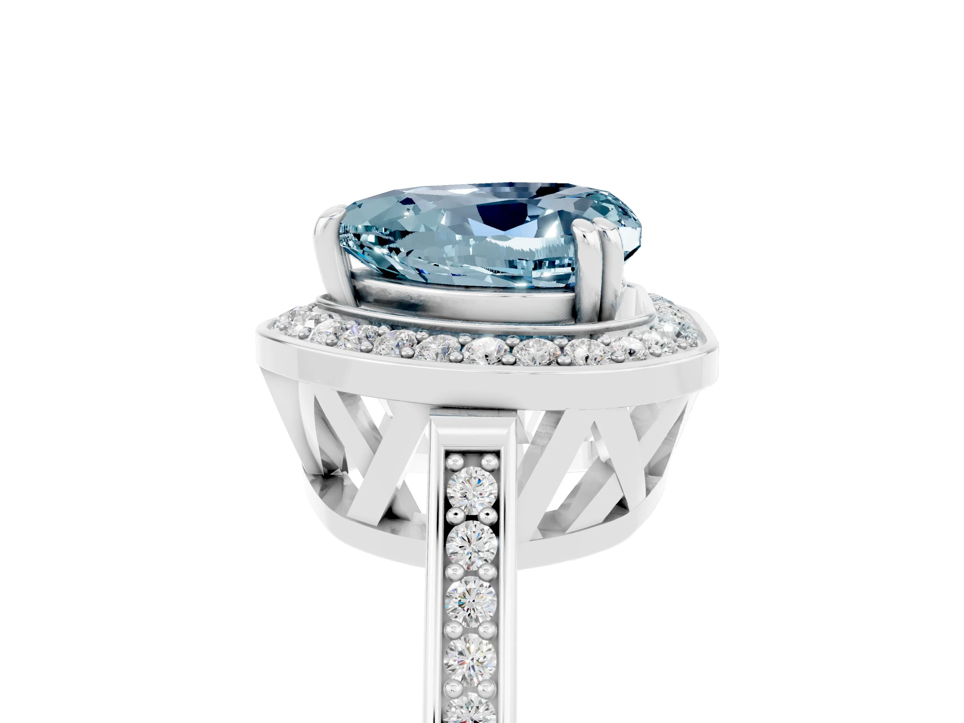 White gold Heart Cut Aquamarine Halo Ring with Split Shank and Four-Prong Setting_29