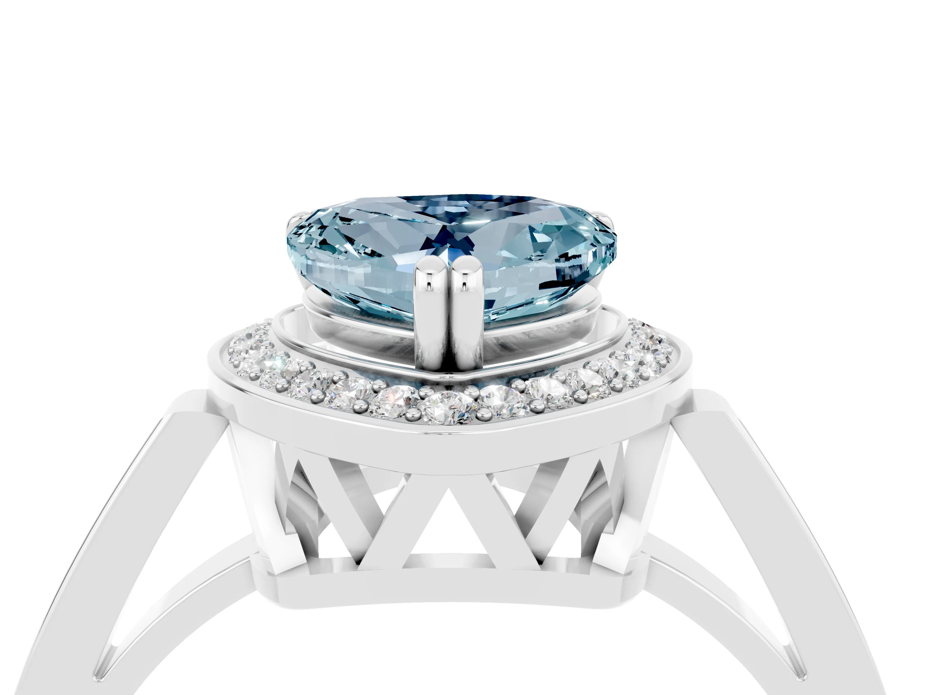 White gold Heart Cut Aquamarine Halo Ring with Split Shank and Four-Prong Setting_4