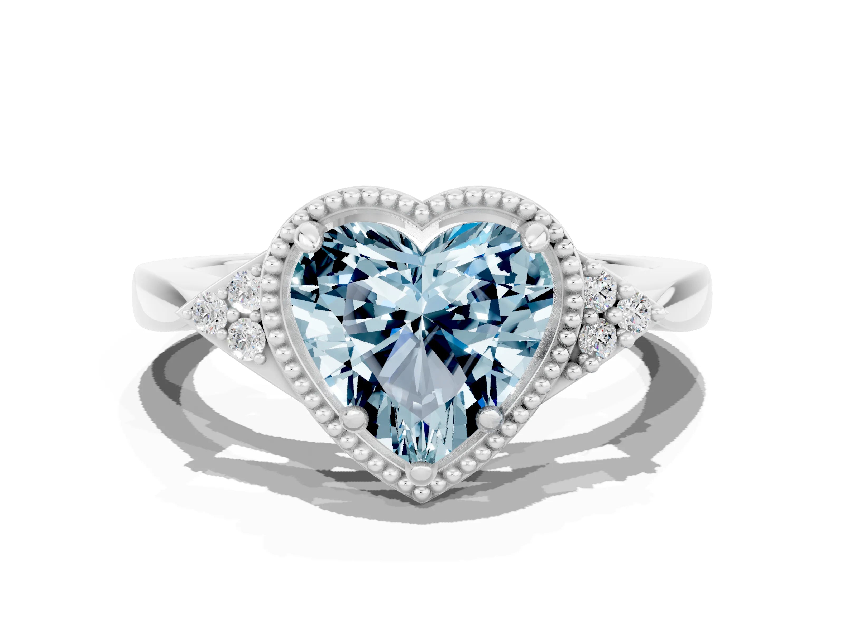 White gold Heart Cut Aquamarine Halo Ring with Tapered Band and Four-Prong Setting