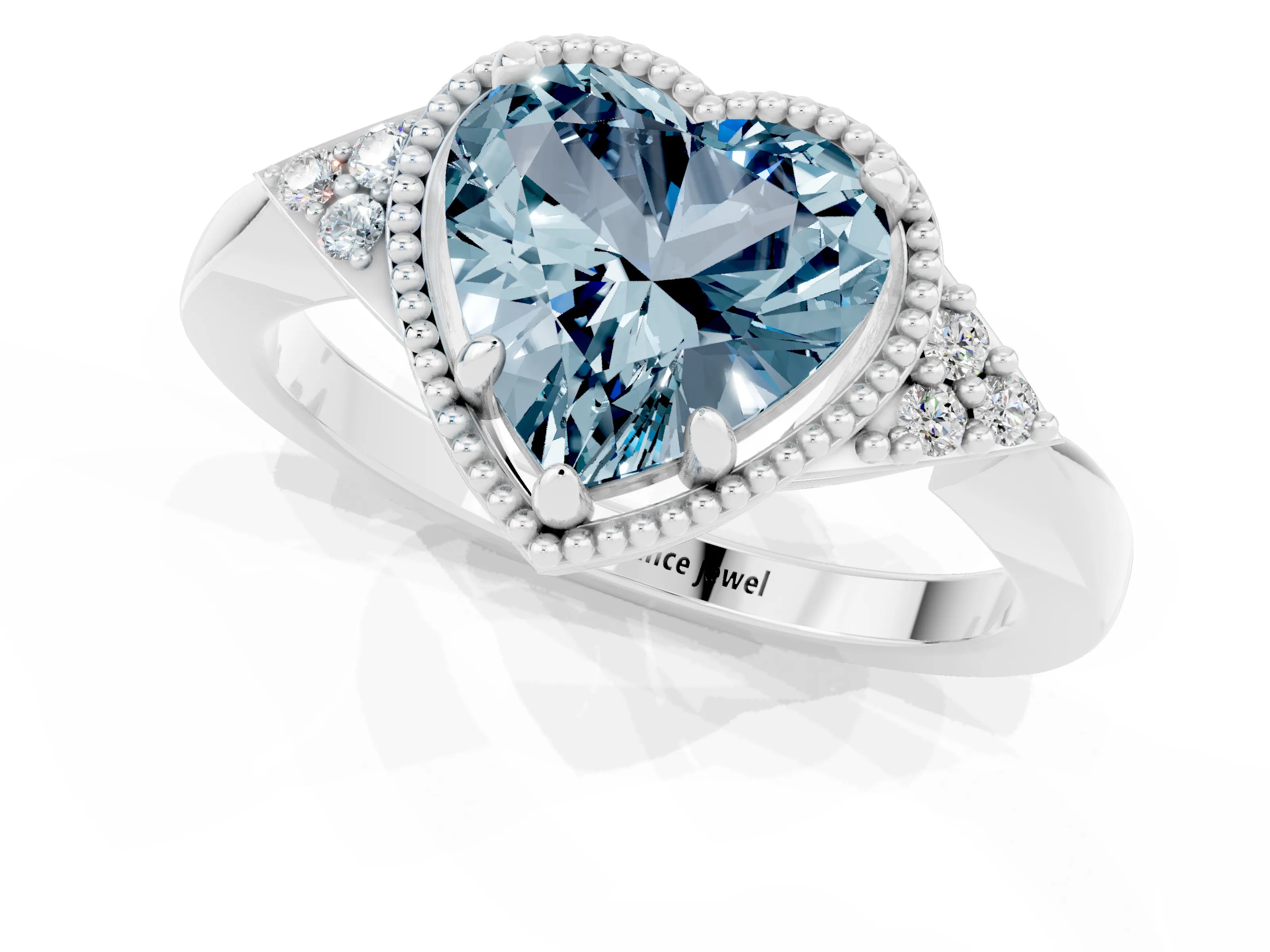 White gold Heart Cut Aquamarine Halo Ring with Tapered Band and Four-Prong Setting_1