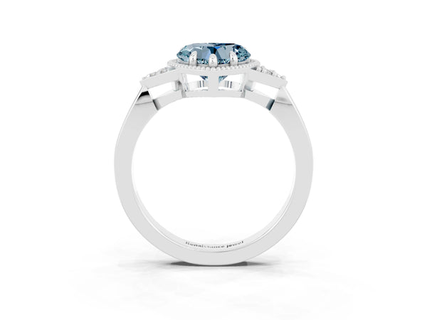 Platinum Heart Cut Aquamarine Halo Ring with Tapered Band and Four-Prong Setting