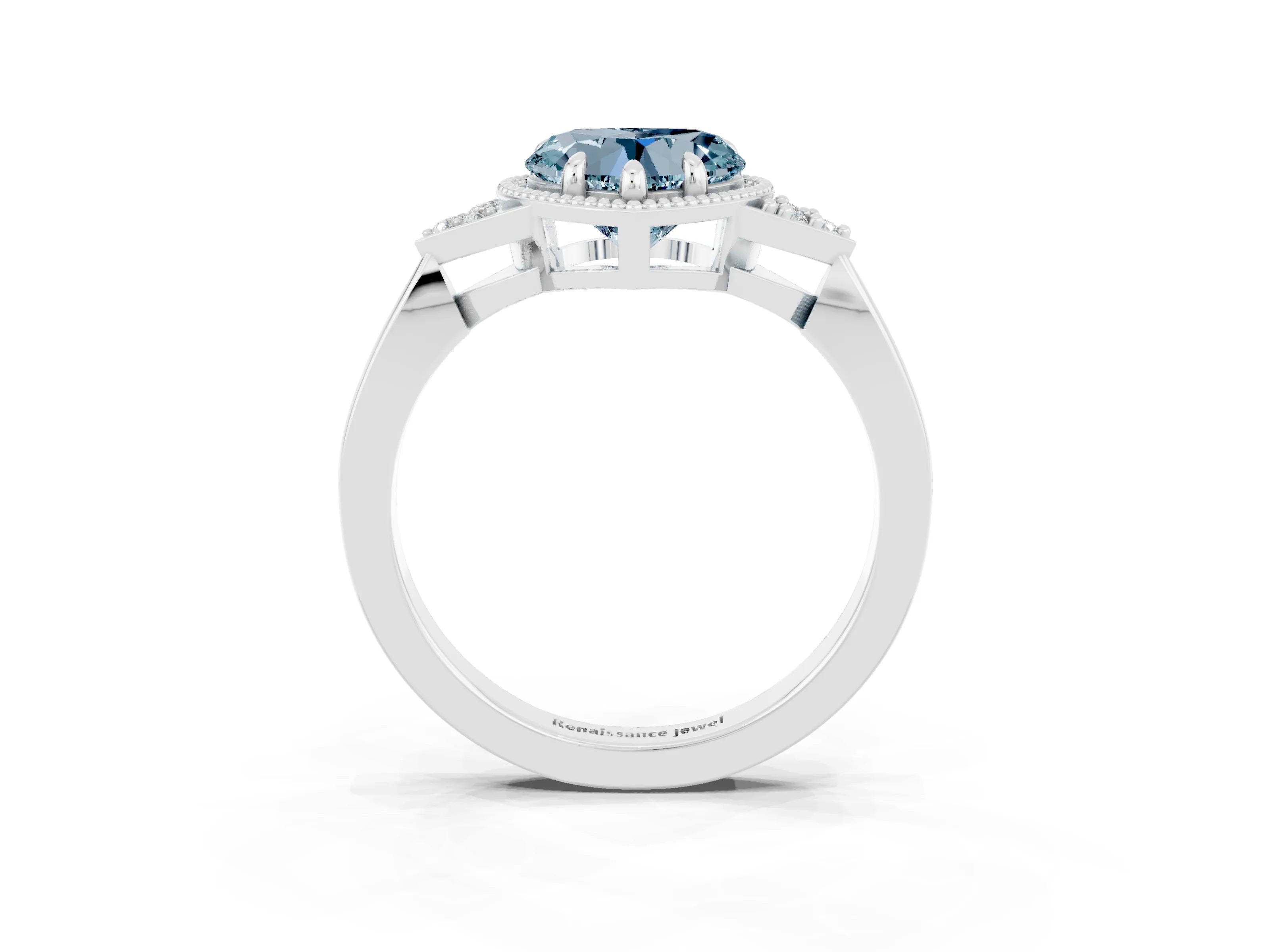 White gold Heart Cut Aquamarine Halo Ring with Tapered Band and Four-Prong Setting_3