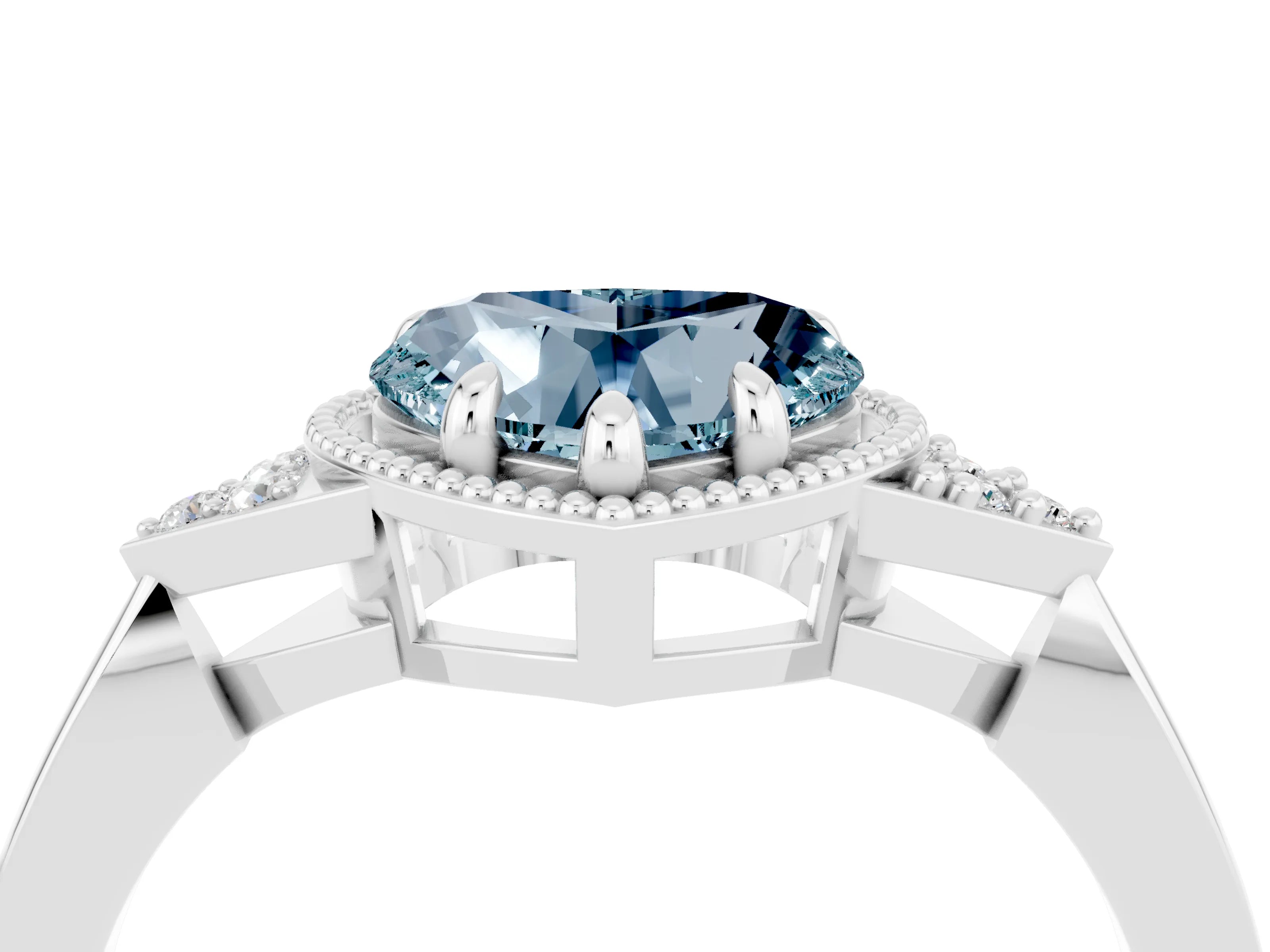 White gold Heart Cut Aquamarine Halo Ring with Tapered Band and Four-Prong Setting_4