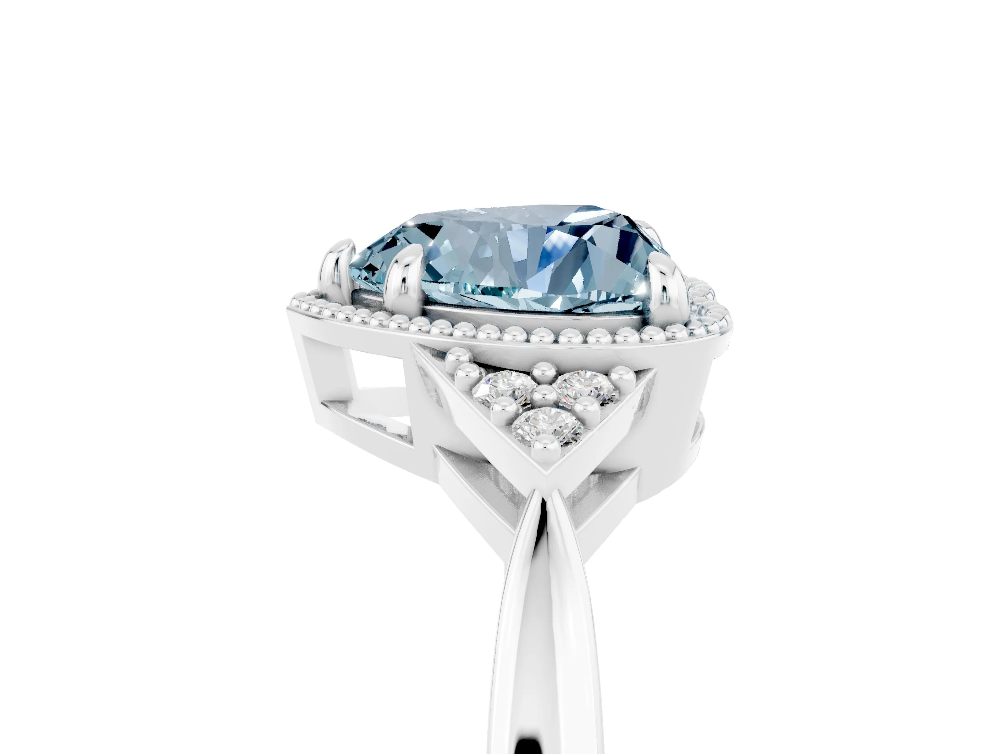 White gold Heart Cut Aquamarine Halo Ring with Tapered Band and Four-Prong Setting_5