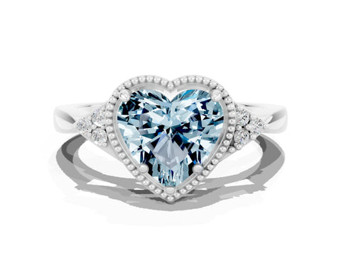 White gold Heart Cut Aquamarine Halo Ring with Tapered Band and Four-Prong Setting