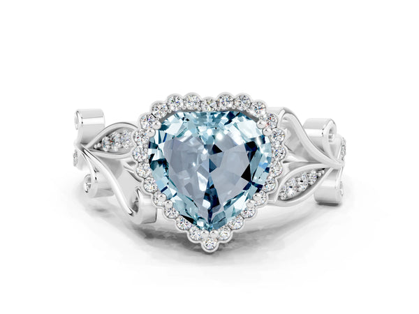 White gold Heart Cut Aquamarine Halo Ring with Vintage Split Shank and Four-Prong Setting