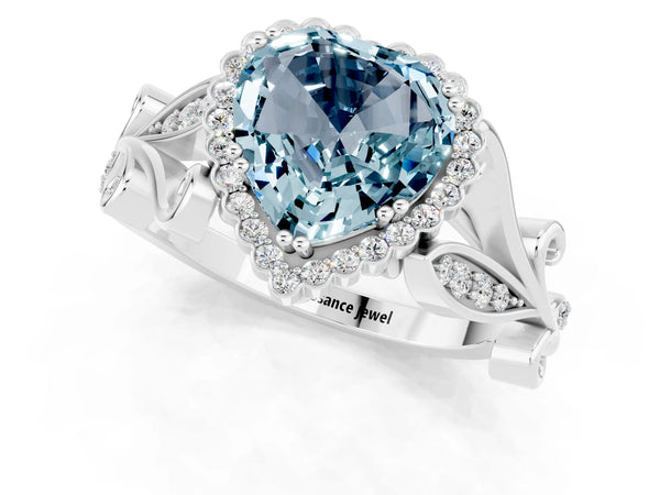 Silver Heart Cut Aquamarine Halo Ring with Vintage Split Shank and Four-Prong Setting