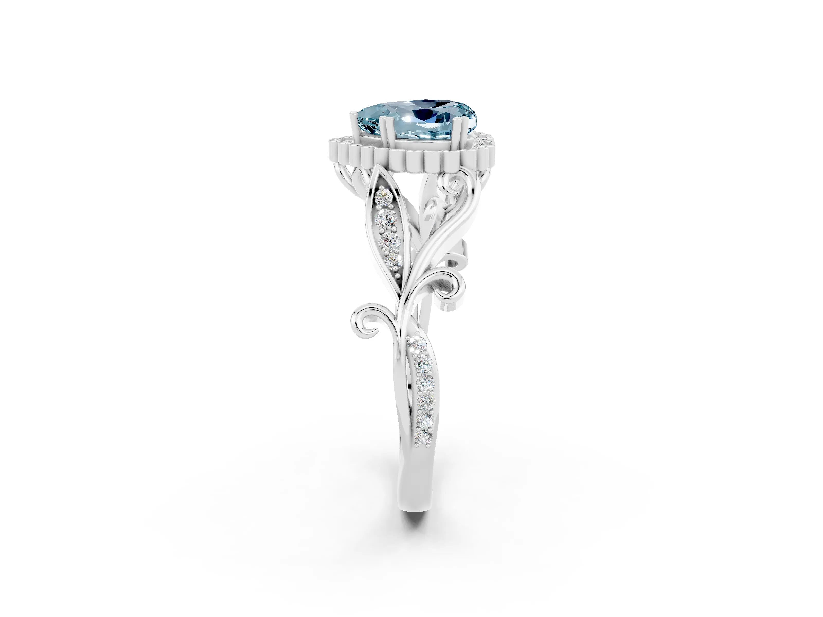 White gold Heart Cut Aquamarine Halo Ring with Vintage Split Shank and Four-Prong Setting_26