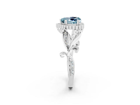 White gold Heart Cut Aquamarine Halo Ring with Vintage Split Shank and Four-Prong Setting_26