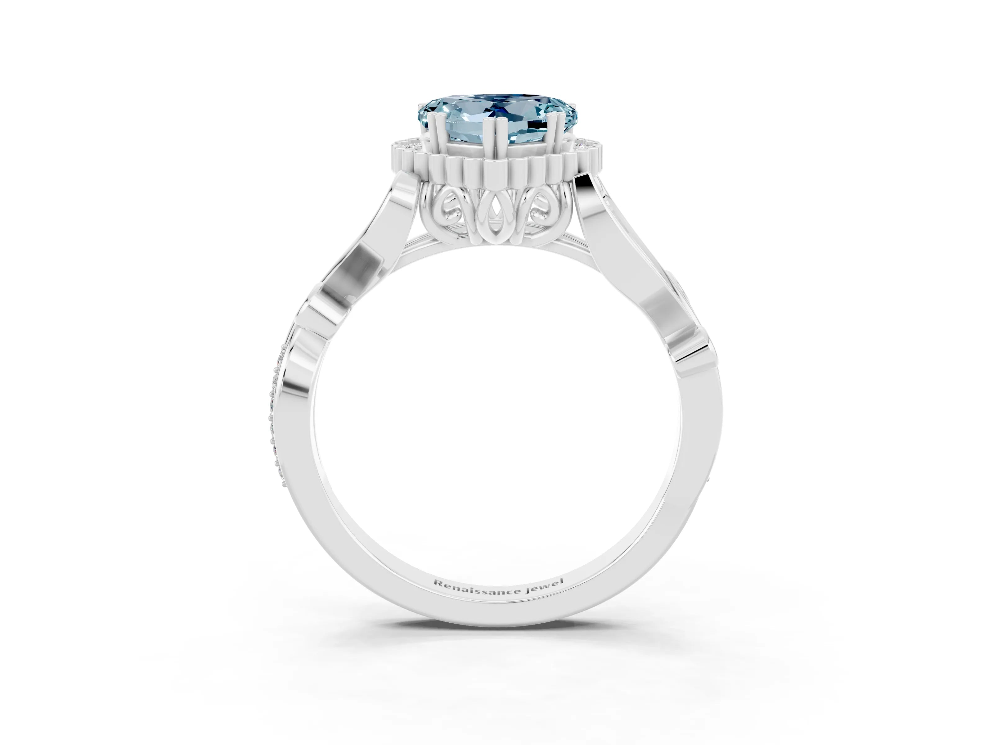 White gold Heart Cut Aquamarine Halo Ring with Vintage Split Shank and Four-Prong Setting_27
