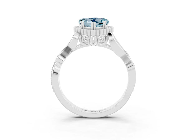 White gold Heart Cut Aquamarine Halo Ring with Vintage Split Shank and Four-Prong Setting