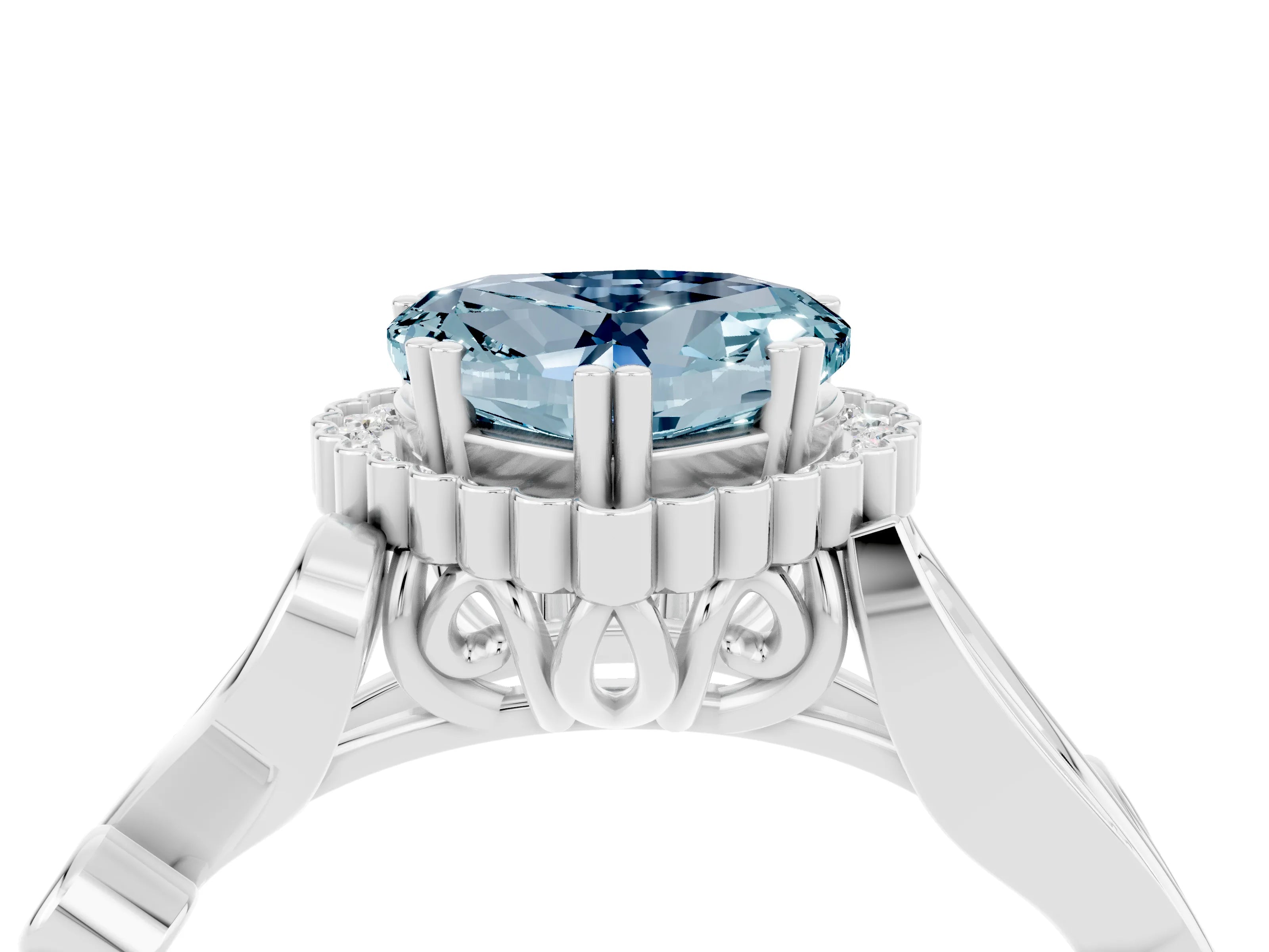 White gold Heart Cut Aquamarine Halo Ring with Vintage Split Shank and Four-Prong Setting_28
