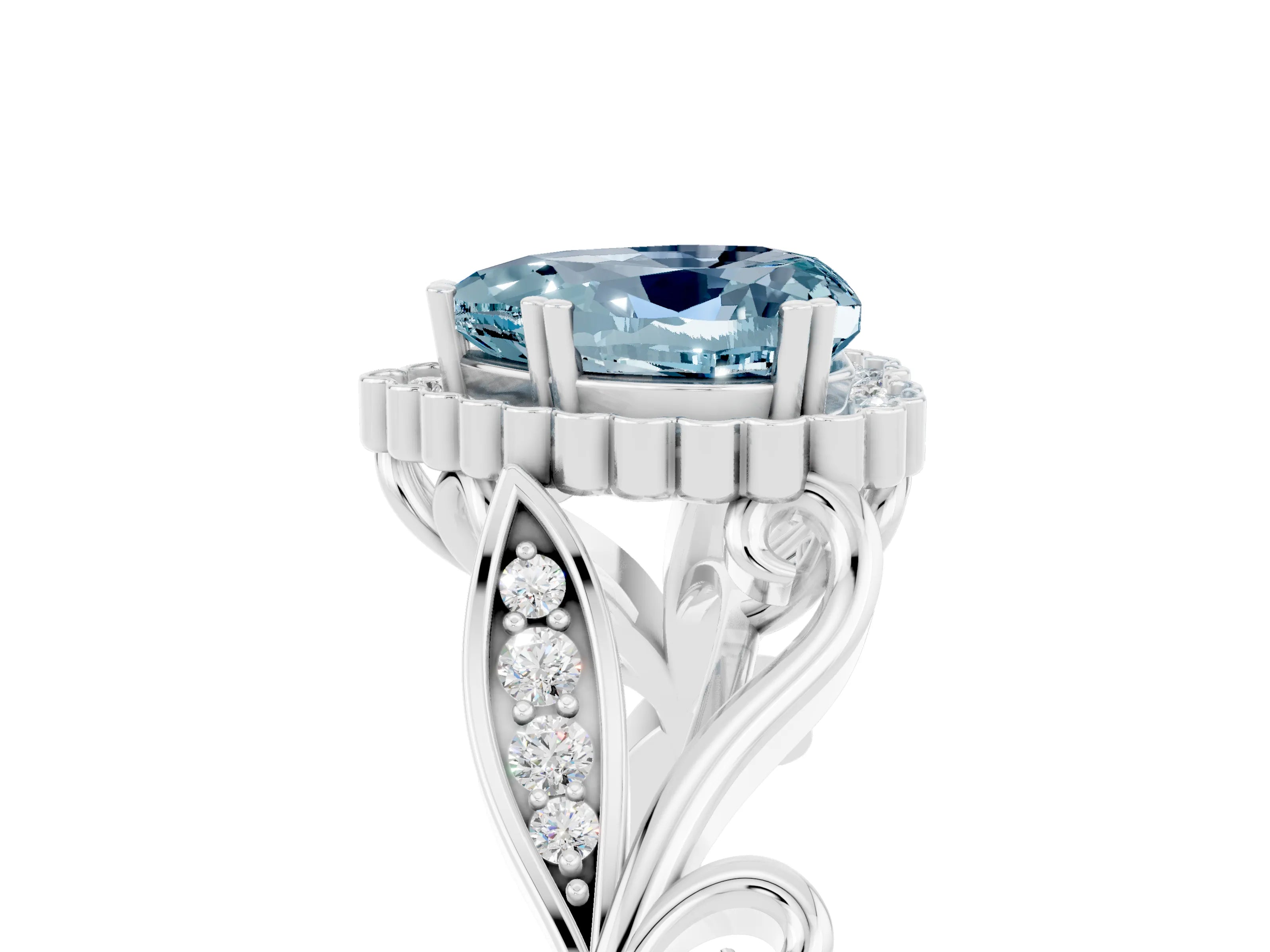 White gold Heart Cut Aquamarine Halo Ring with Vintage Split Shank and Four-Prong Setting_29