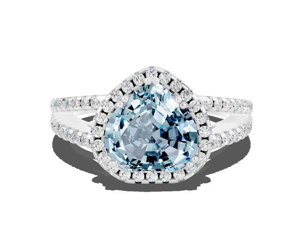 Silver Heart Cut Aquamarine Halo Split Shank Engagement Ring