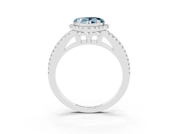 Silver Heart Cut Aquamarine Halo Split Shank Engagement Ring
