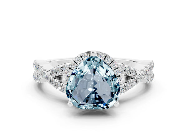 Platinum Heart Cut Aquamarine  Halo Twist Band Solitaire Prong Setting Ring