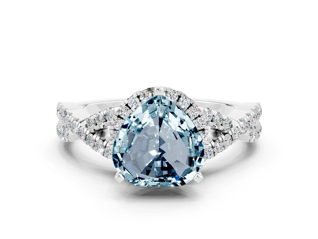 White gold Heart Cut Aquamarine Halo Twist Band Solitaire Prong Setting Ring