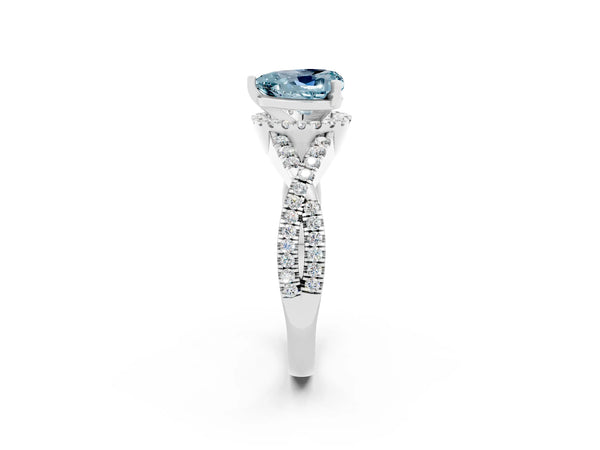 White gold Heart Cut Aquamarine  Halo Twist Band Solitaire Prong Setting Ring