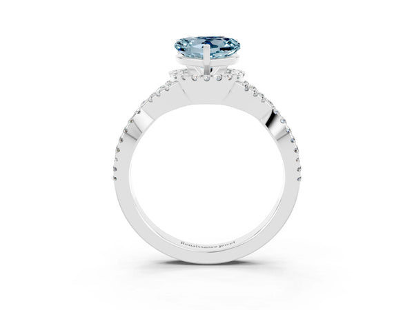 Platinum Heart Cut Aquamarine  Halo Twist Band Solitaire Prong Setting Ring