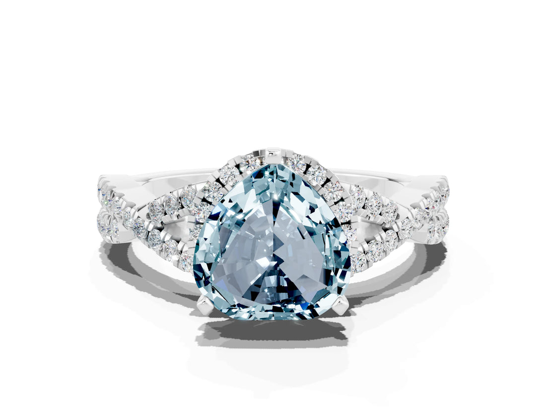 White gold Heart Cut Aquamarine  Halo Twist Band Solitaire Prong Setting Ring_48
