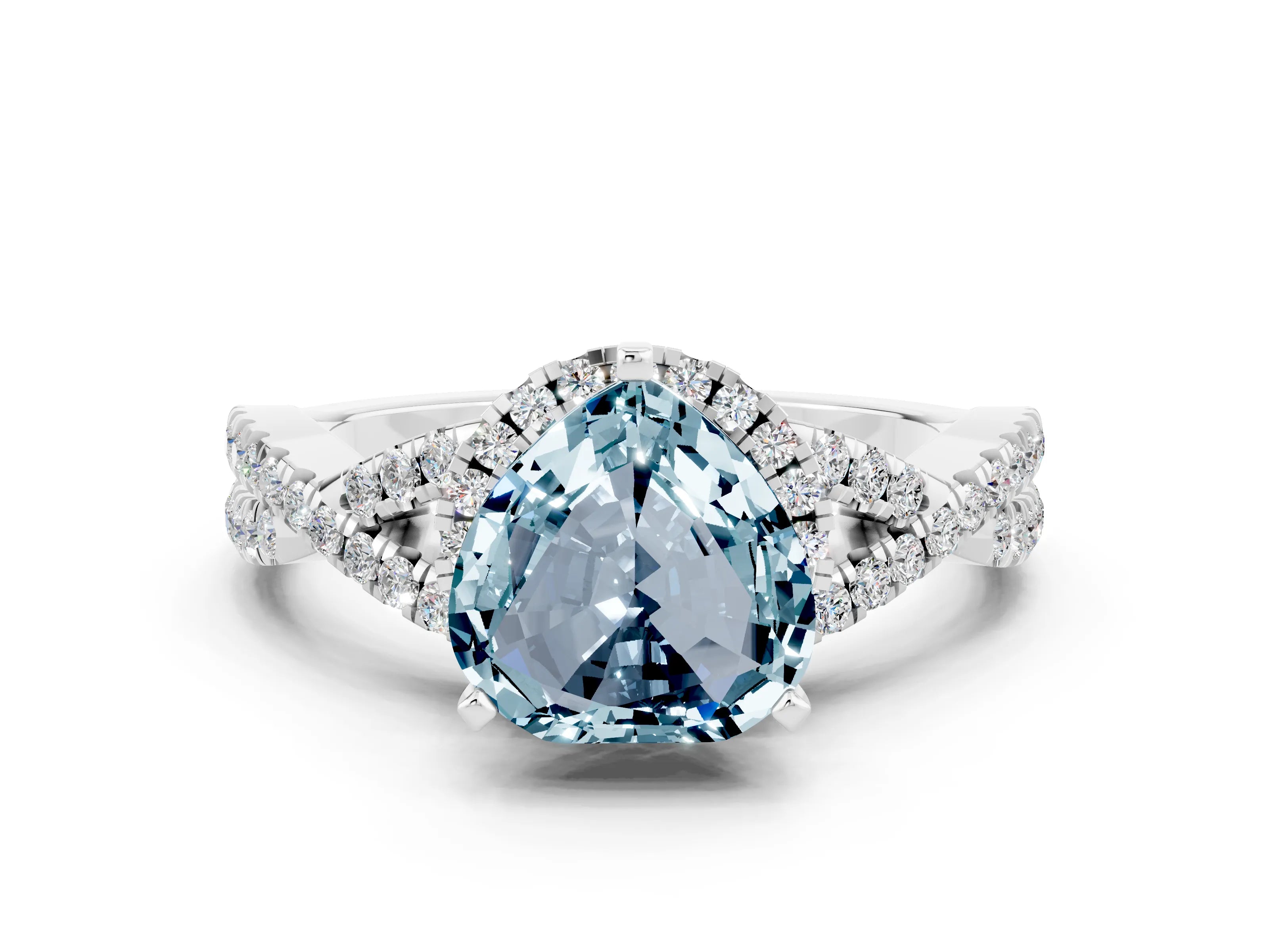 White gold Heart Cut Aquamarine Halo Twist Band Solitaire Prong Setting Ring