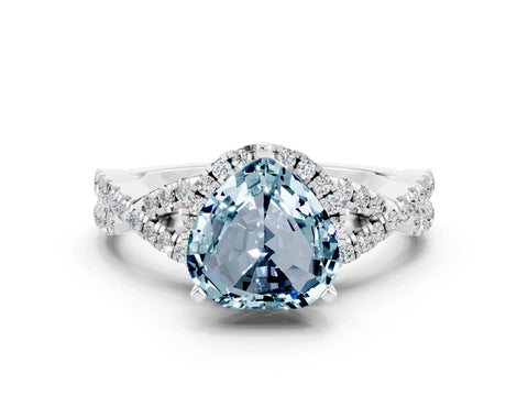 White gold Heart Cut Aquamarine Halo Twist Band Solitaire Prong Setting Ring