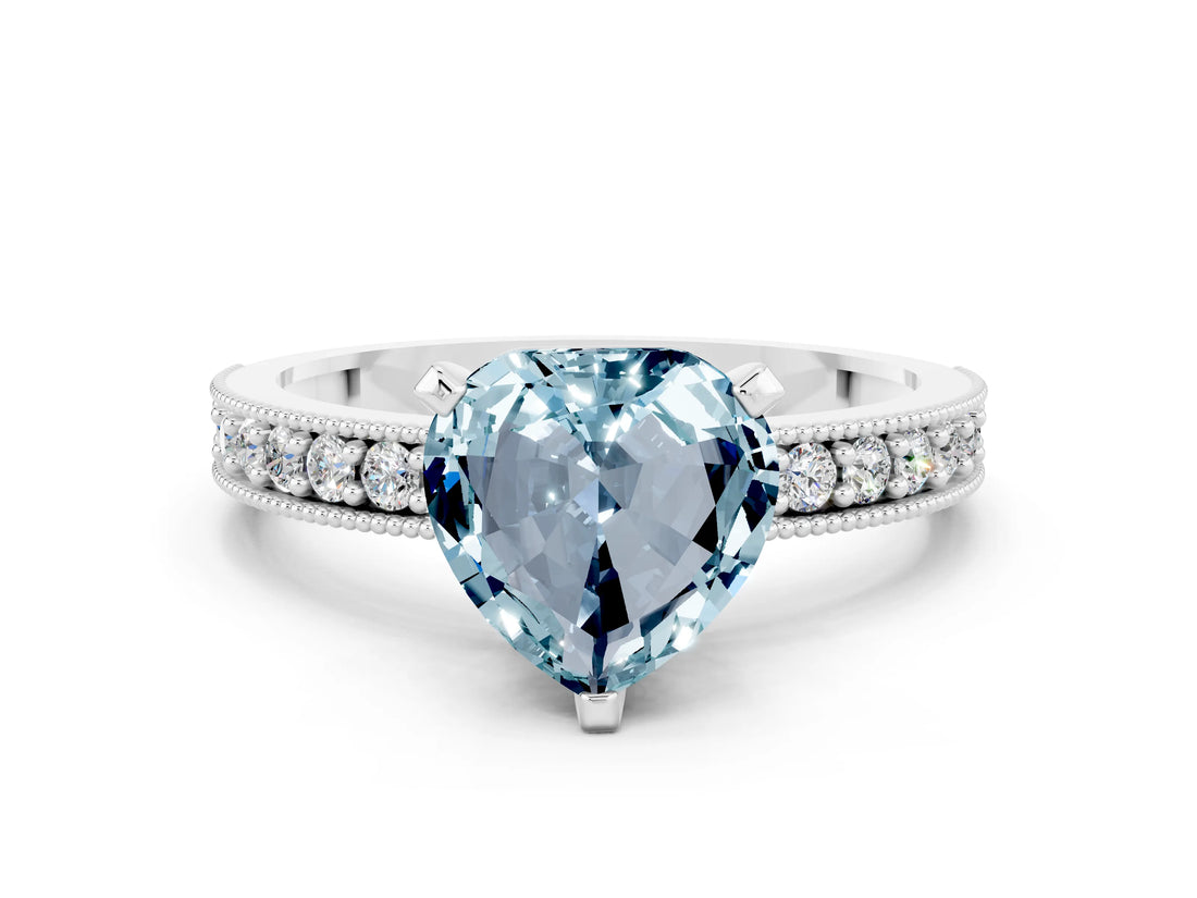White gold Heart Cut Aquamarine Milgrain Pavé Engagement Ring with Four-Prong Setting_12