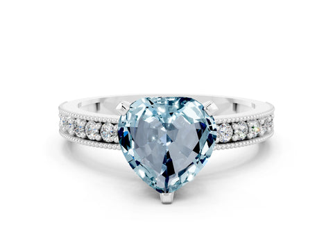 White gold Heart Cut Aquamarine Milgrain Pavé Engagement Ring with Four-Prong Setting_12