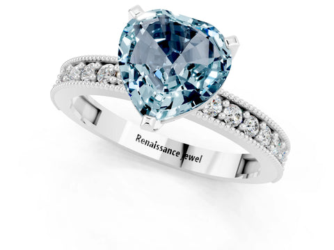 White gold Heart Cut Aquamarine Milgrain Pavé Engagement Ring with Four-Prong Setting_13