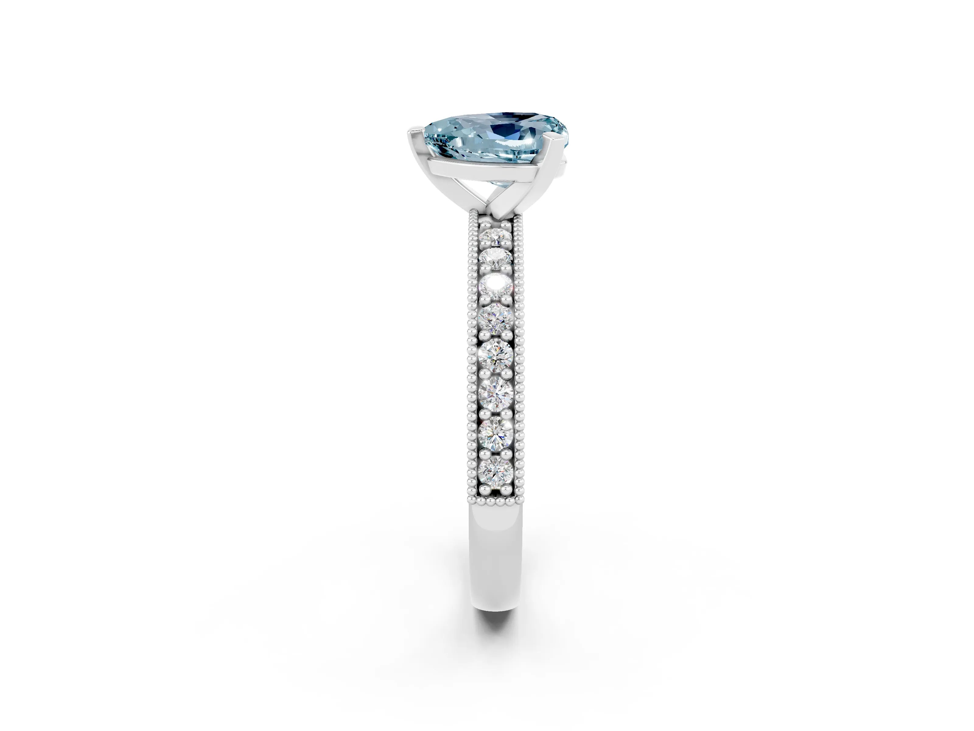 White gold Heart Cut Aquamarine Milgrain Pavé Engagement Ring with Four-Prong Setting_14