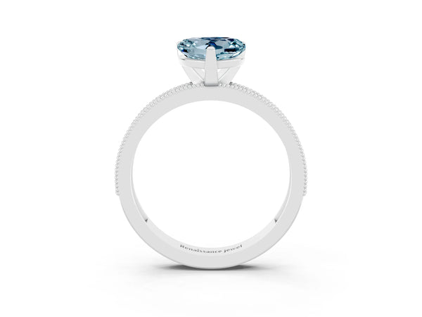 White gold Heart Cut Aquamarine Milgrain Pavé Engagement Ring with Four-Prong Setting