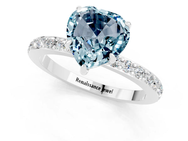 White gold Heart Cut Aquamarine Pavé Engagement Ring with Round  Accents and Prong Setting