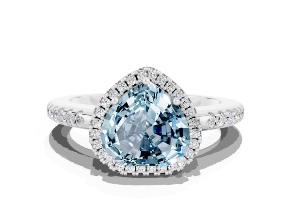 Silver Heart Cut Aquamarine Pavé Halo Ring with Four-Prong Setting