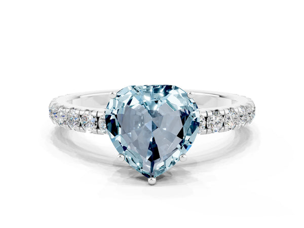 Platinum Heart Cut Aquamarine Pavé Solitaire Engagement Ring with Four-Prong Setting