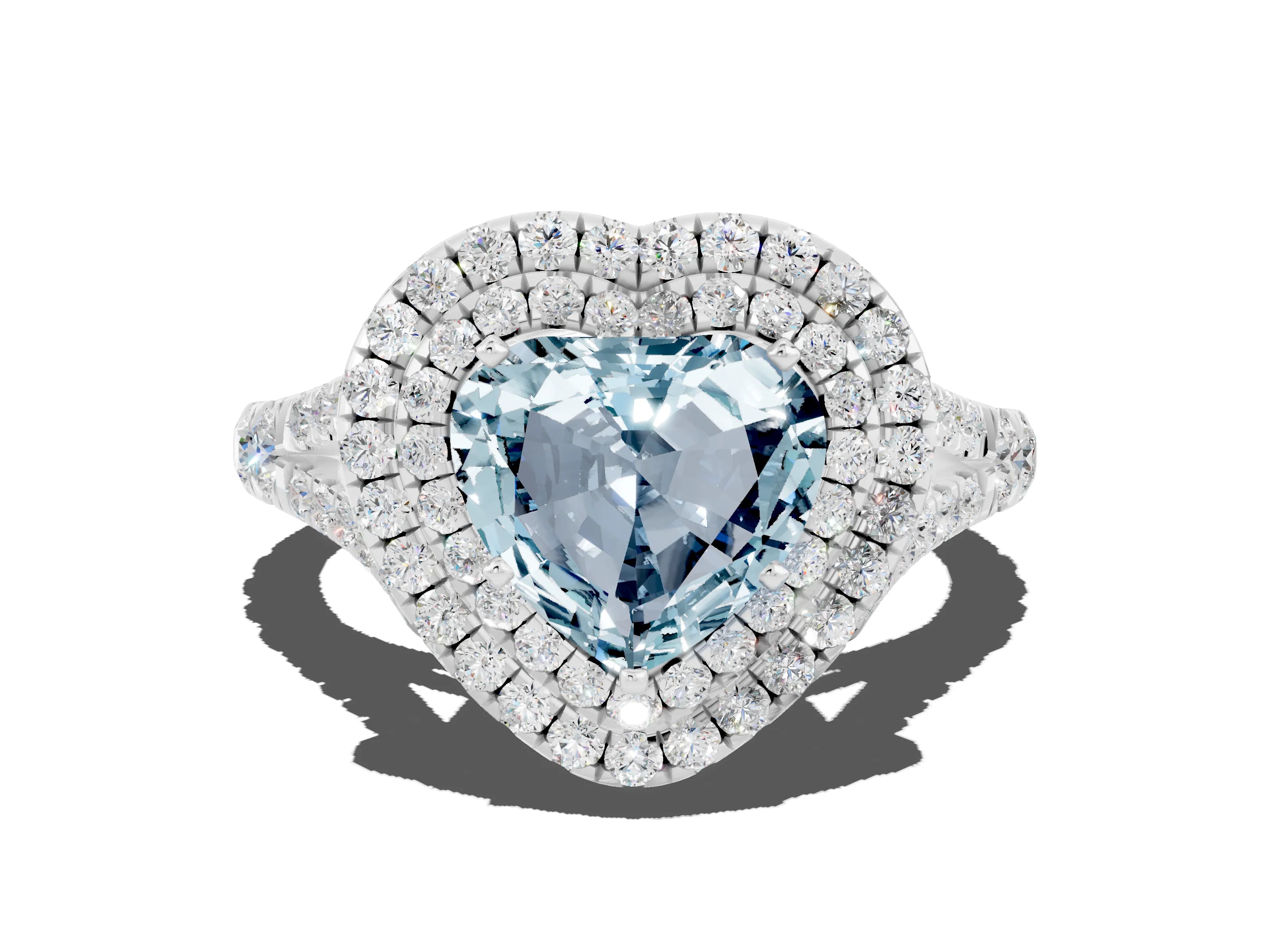 White gold Heart Cut Aquamarine Pavé Split Shank Double Halo Engagement Ring