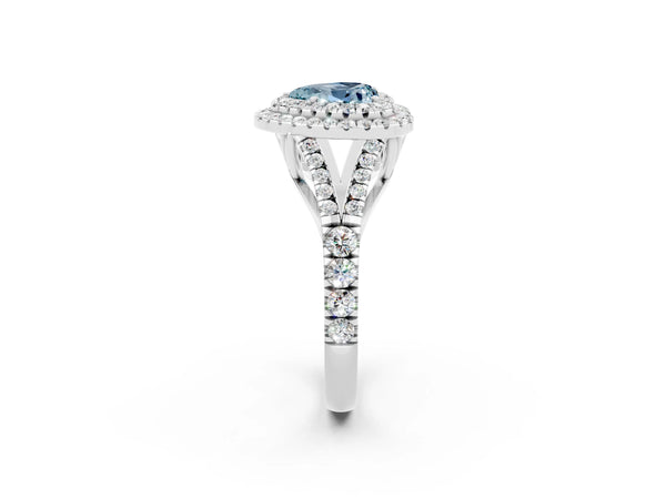 Platinum Heart Cut Aquamarine Pavé Split Shank Double Halo Engagement Ring