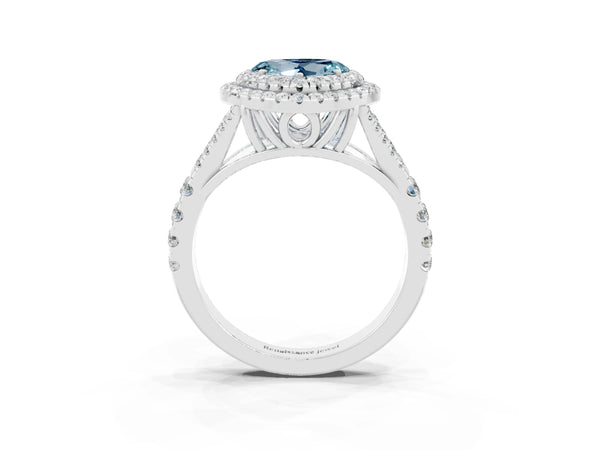 White gold Heart Cut Aquamarine Pavé Split Shank Double Halo Engagement Ring