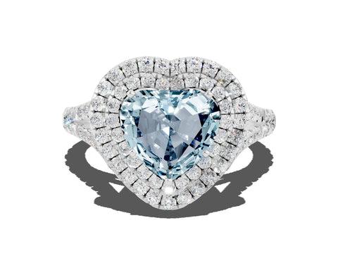 White gold Heart Cut Aquamarine Pavé Split Shank Double Halo Engagement Ring