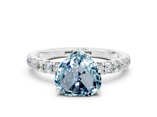 White gold Heart Cut Aquamarine Pave Band Solitaire Ring with Round  and Prong Setting